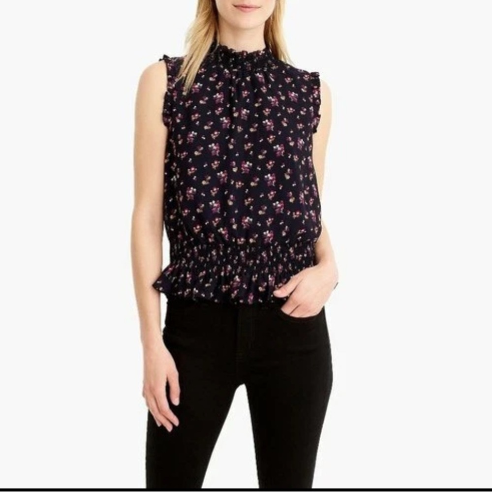 J. Crew Ditsy Floral Sleeveless Smocked High Neck Top Navy Berry Size 6